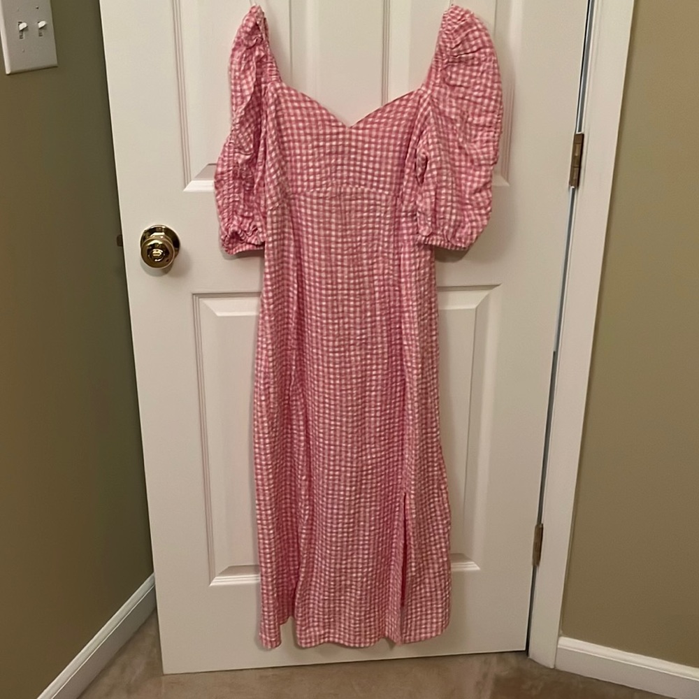 Pink gingham maternity dress
